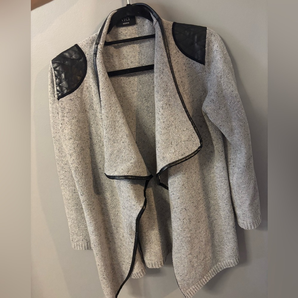 Grey Vici drape-front sweater with faux leather accents
